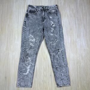 American Eagle High Rise Gray Acid Wash Distressed Destroyed Mom Denim Jeans 4